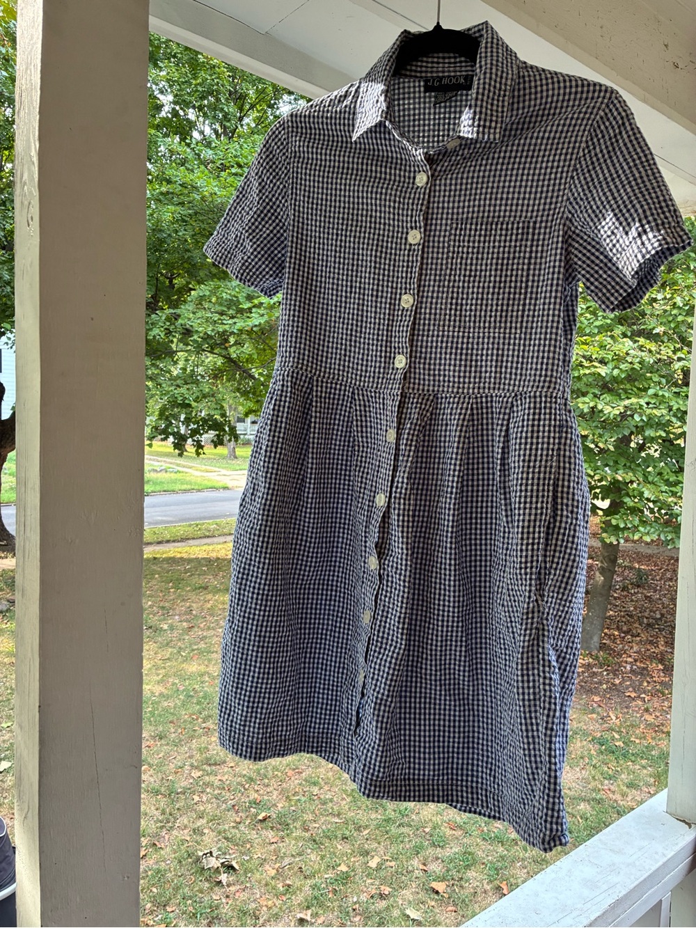100% Cotton Cottagecore Navy and White Gingham Button-Front Shirt Dress